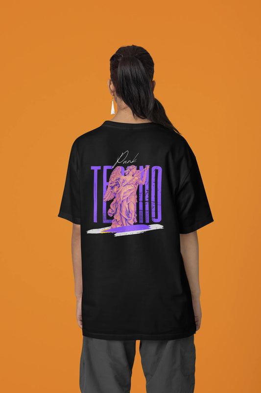 Back view of a female model wearing a black oversized t-shirt with a punk techno angel design, perfect for rave and party wear.