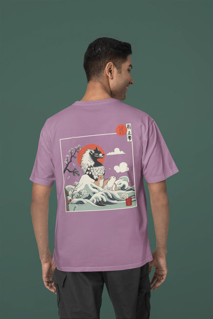 Back view of a male model wearing a dirty purple oversized tee with a design of a wolf surveying a Japanese landscape.