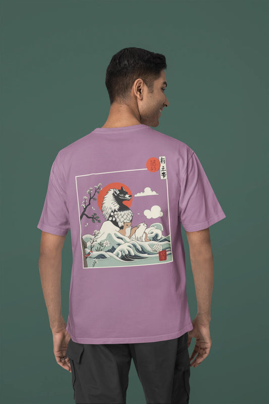Back view of a male model wearing a dirty purple oversized tee with a design of a wolf surveying a Japanese landscape.