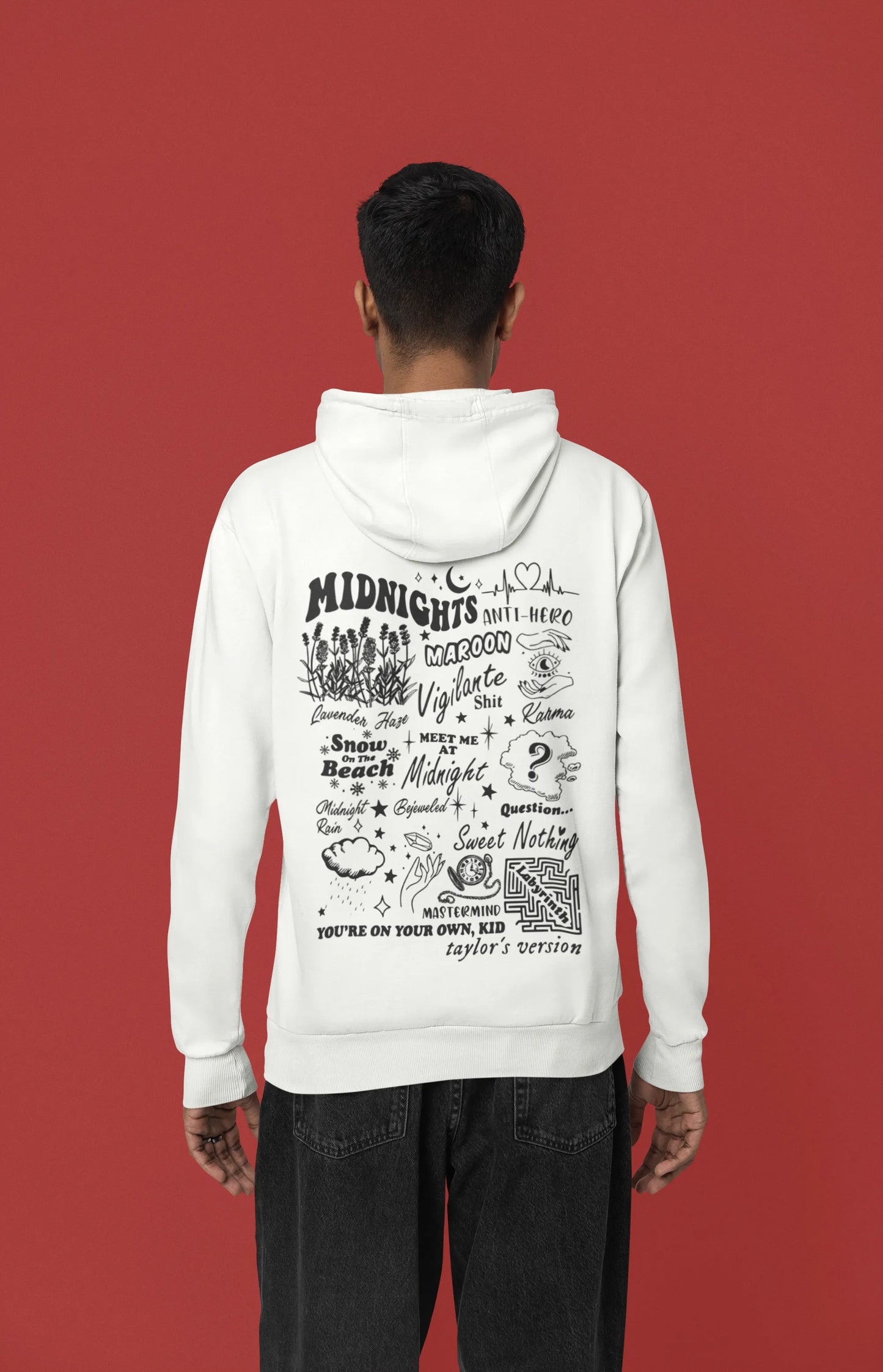 Back view of a male model wearing an off-white Midnights-inspired hoodie. Perfect for Swifties and Eras Tour fans.