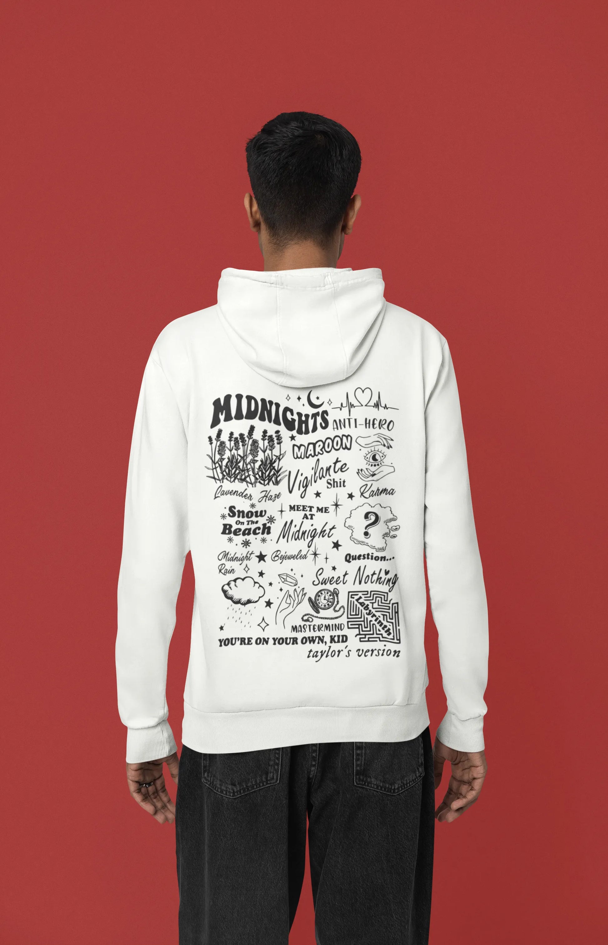 Back view of a male model wearing an off-white Midnights-inspired hoodie. Perfect for Swifties and Eras Tour fans.