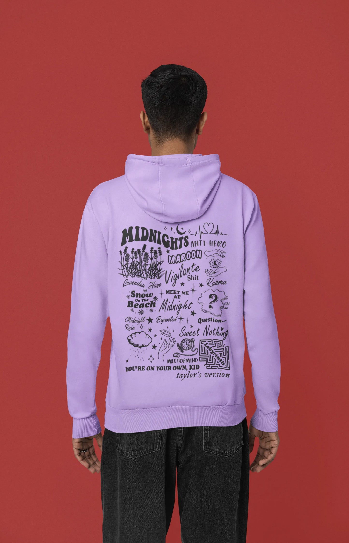 Back view of a male model wearing a lavender Midnights-inspired hoodie. Perfect for Swifties and Eras Tour fans.