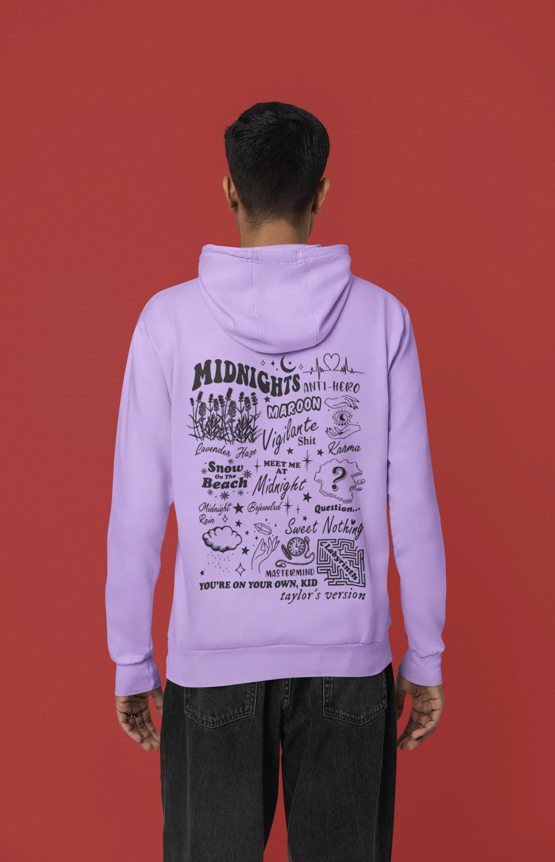 Back view of a male model wearing a lavender Midnights-inspired hoodie. Perfect for Swifties and Eras Tour fans.