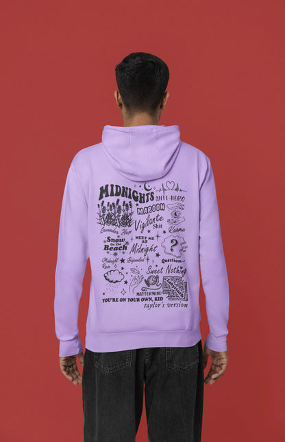 Back view of a male model wearing a lavender Midnights-inspired hoodie. Perfect for Swifties and Eras Tour fans.