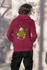 Back view of a male model wearing a maroon hoodie with a Disney Uncle Scrooge design, showing dollar bills raining down on him.