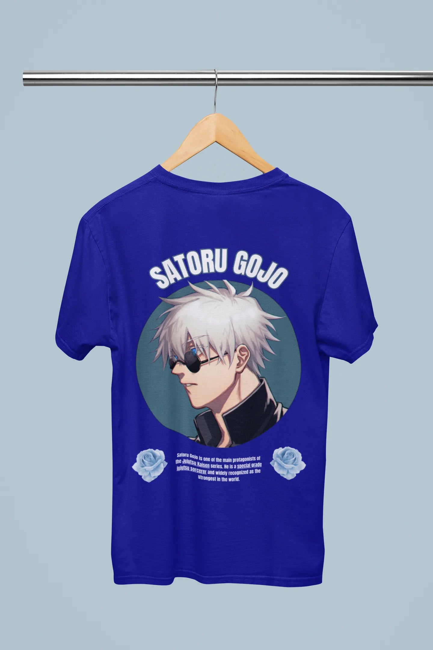 Back view of  a royal blue oversized t-shirt featuring Gojo Satoru from Jujutsu Kaisen with the text "Satoru Gojo."