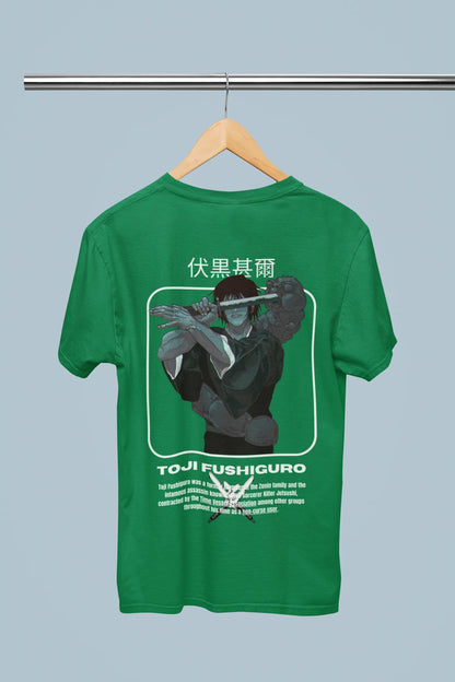 Back view of a forest green oversized t-shirt featuring Toji Fushiguro from the Jujutsu Kaisen anime.