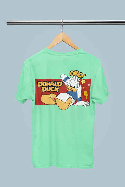 Back view of mint green oversized Disney collection t-shirt featuring a classic Donald Duck design .