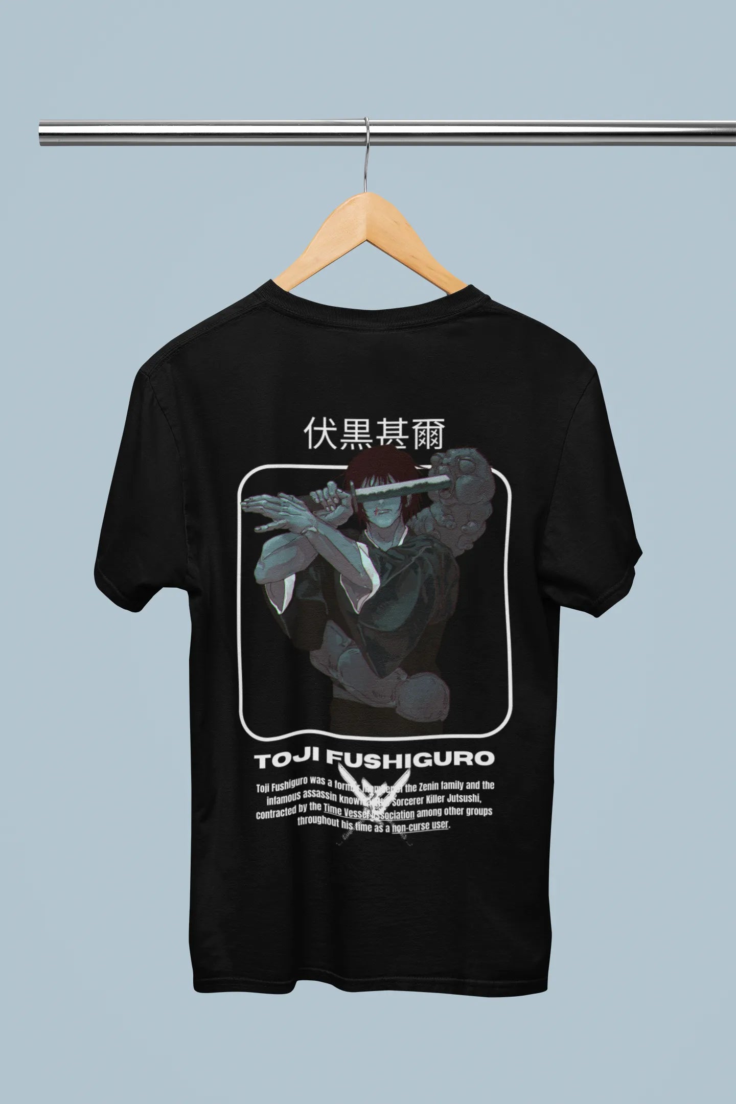 Back view of a black oversized t-shirt featuring Toji Fushiguro from the Jujutsu Kaisen anime.