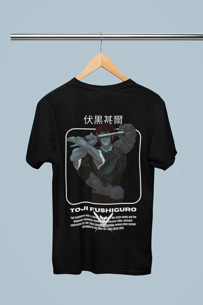 Back view of a black oversized t-shirt featuring Toji Fushiguro from the Jujutsu Kaisen anime.