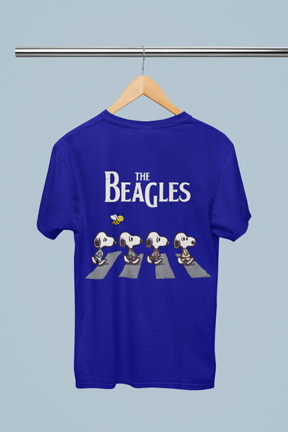 Back view of t-shirt on a hanger showcasing blue oversized tee with a The Beagles animated series themed design, featuring the cool canine quartet from ourt disney collection of oversized tees.