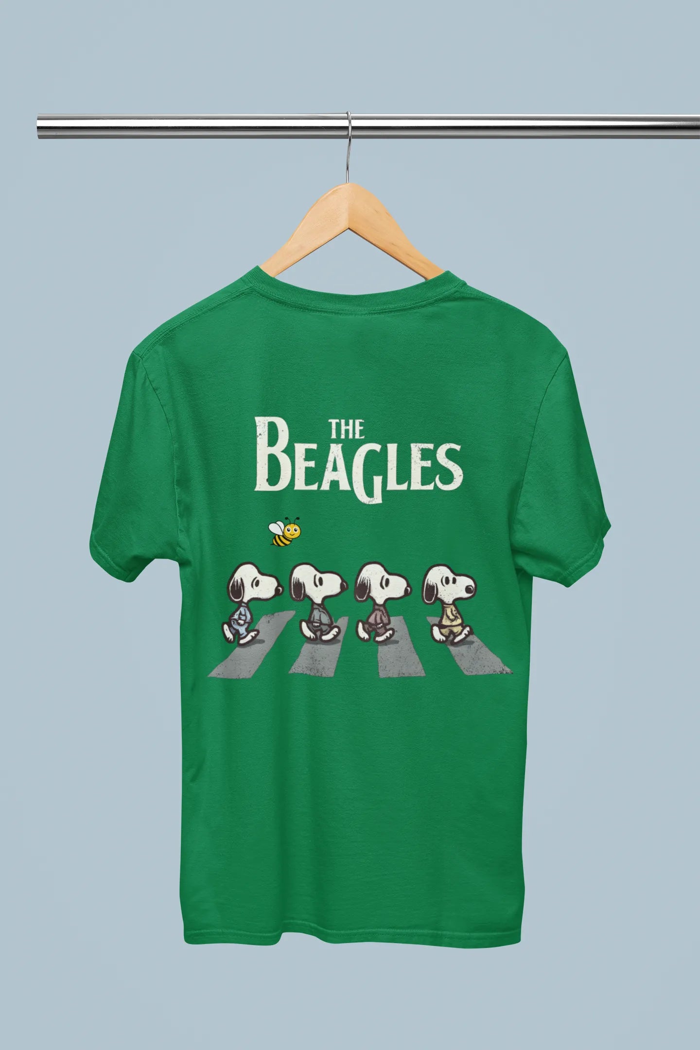 Back view of t-shirt on a hanger showcasing forest green oversized tee with a The Beagles animated series themed design, featuring the cool canine quartet from ourt disney collection of oversized tees.