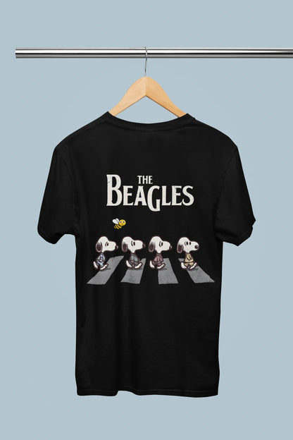 Back view of t-shirt on a hanger showcasing black oversized tee with a The Beagles animated series themed design, featuring the cool canine quartet from ourt disney collection of oversized tees.