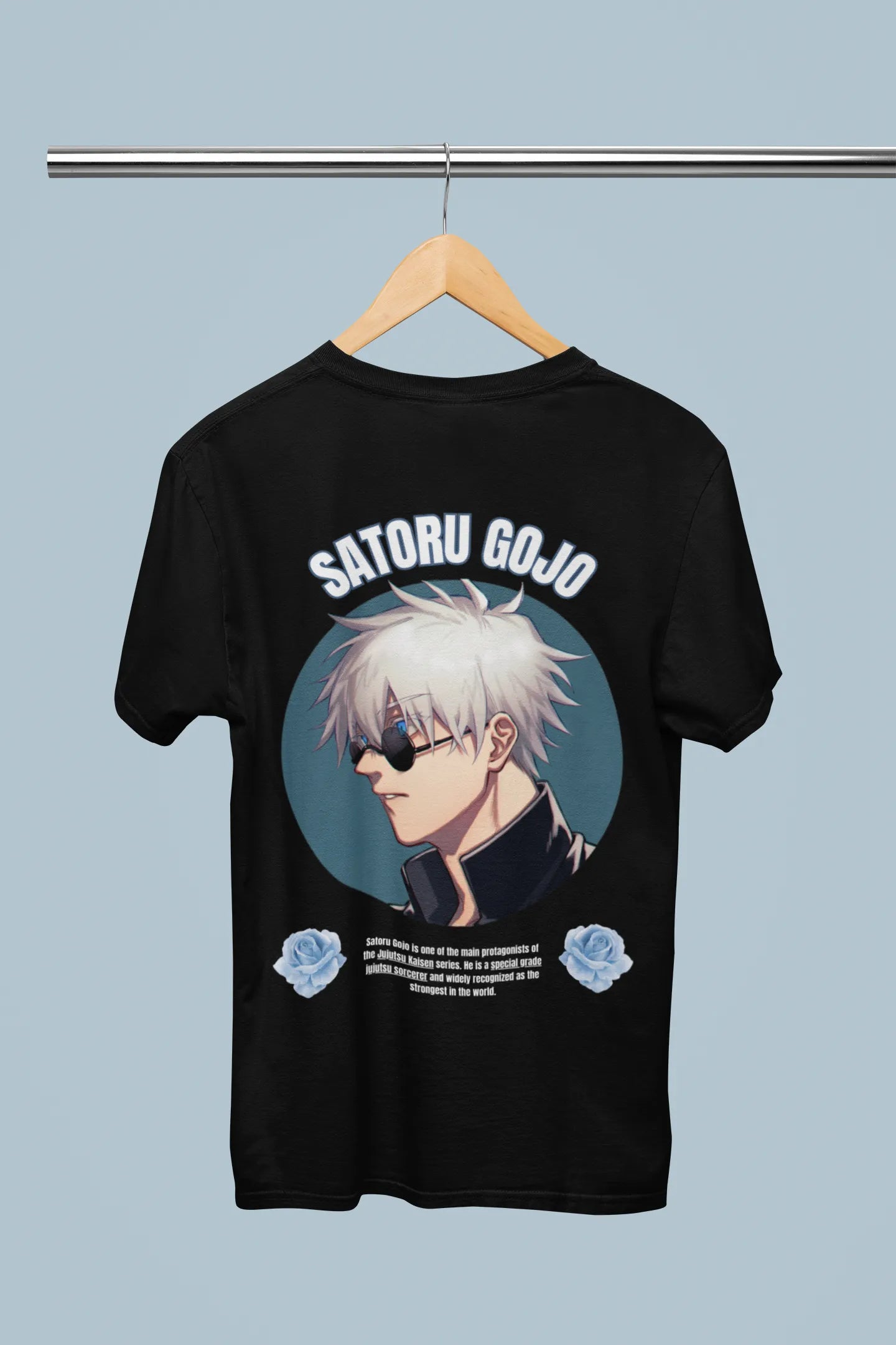 Back view of a black oversized t-shirt featuring Gojo Satoru from Jujutsu Kaisen with the text "Satoru Gojo."
