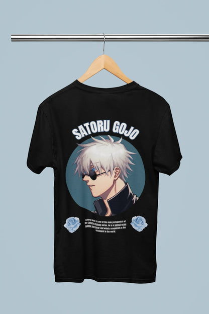 Back view of a black oversized t-shirt featuring Gojo Satoru from Jujutsu Kaisen with the text "Satoru Gojo."