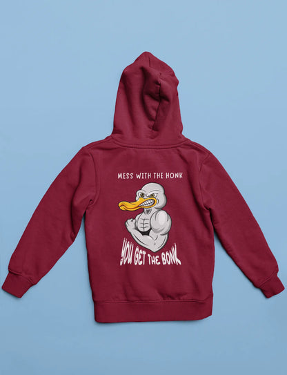 Back view of a maroon hoodie with a Disney design featuring a muscular duck and the text "The Honk."