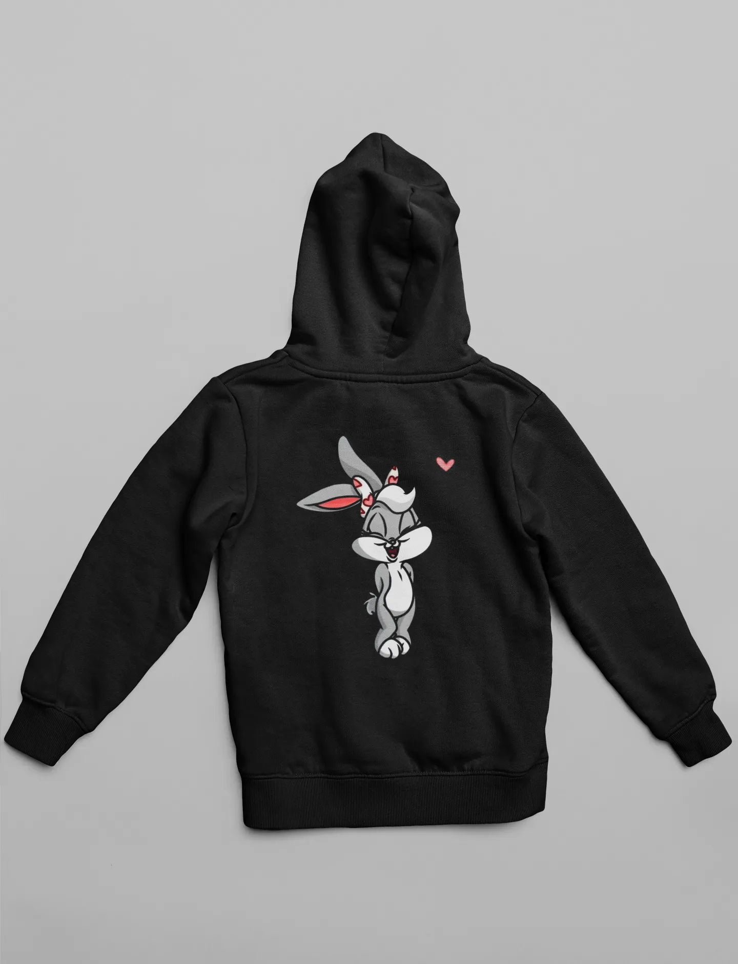 2nd back view of matching hoodies, one with a Bugs Bunny design and the other with a Lola Bunny design.