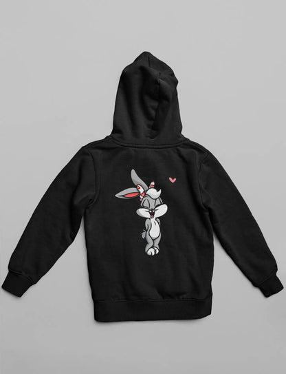2nd back view of matching hoodies, one with a Bugs Bunny design and the other with a Lola Bunny design.
