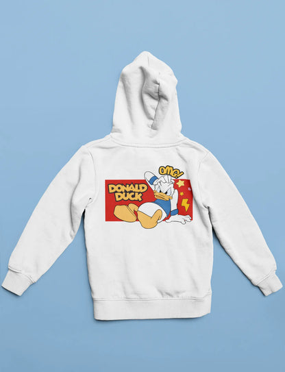 Back view of a off-white hoodie with a Disney Donald Duck design, showing him rubbing his head after a mishap.