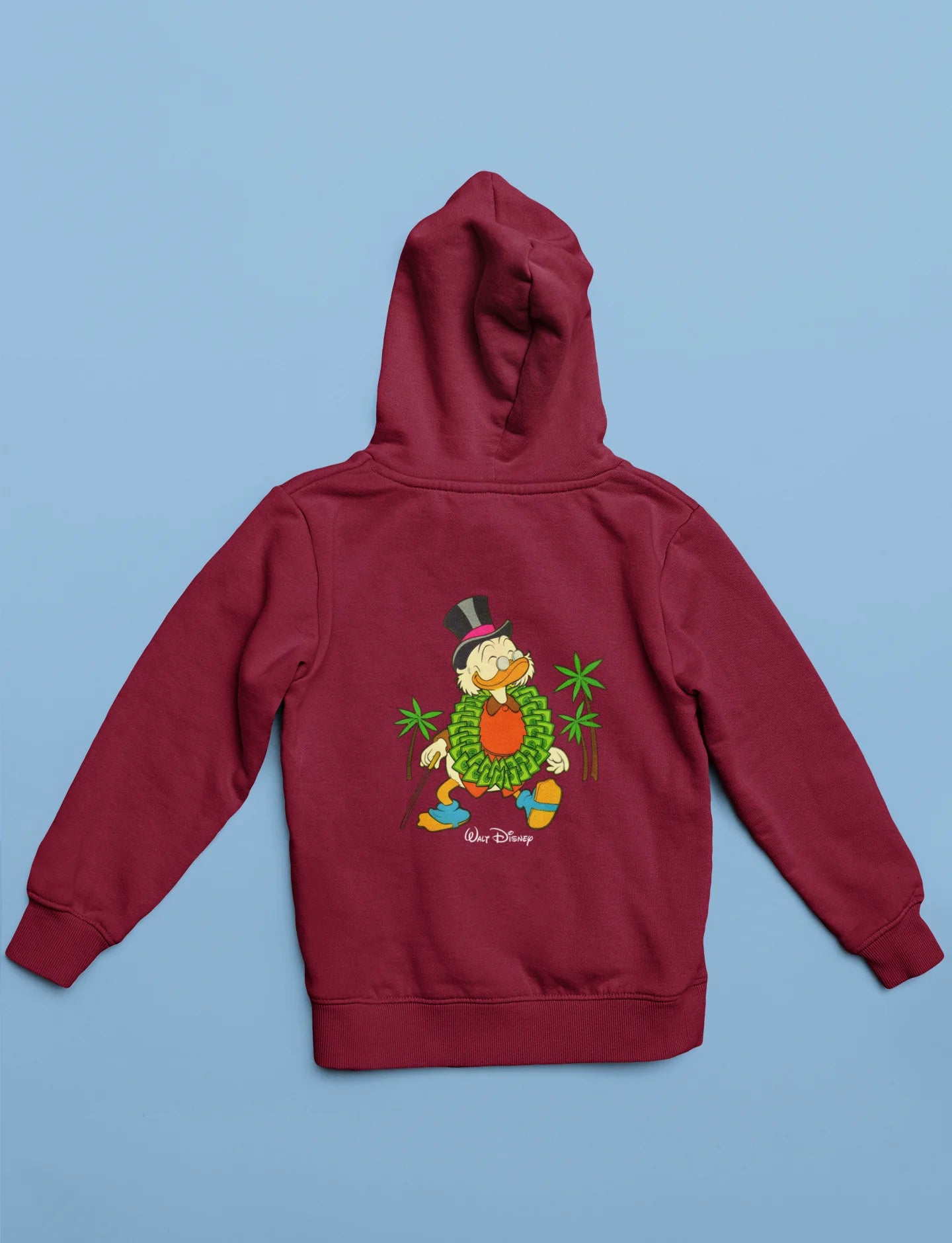 Back view of a maroon hoodie with a Disney Uncle Scrooge design, showing dollar bills raining down on him.