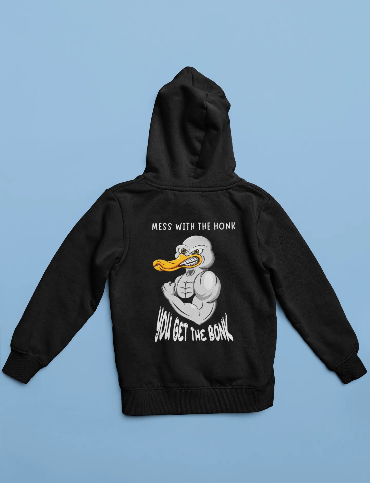 Back view of a black hoodie with a Disney design featuring a muscular duck and the text "The Honk."
