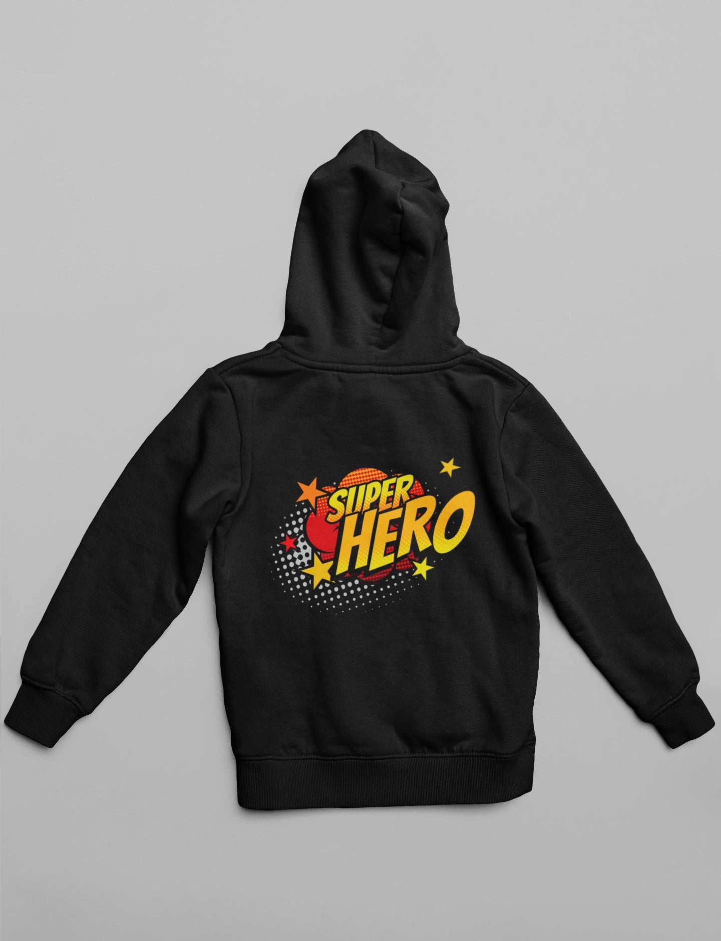 Back view of a black hoodie, one with the word "Superhero".