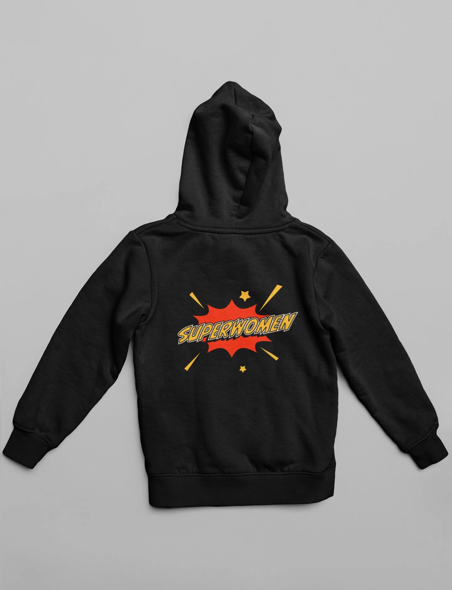Back view of a black hoodie, one with the word "Superwoman".
