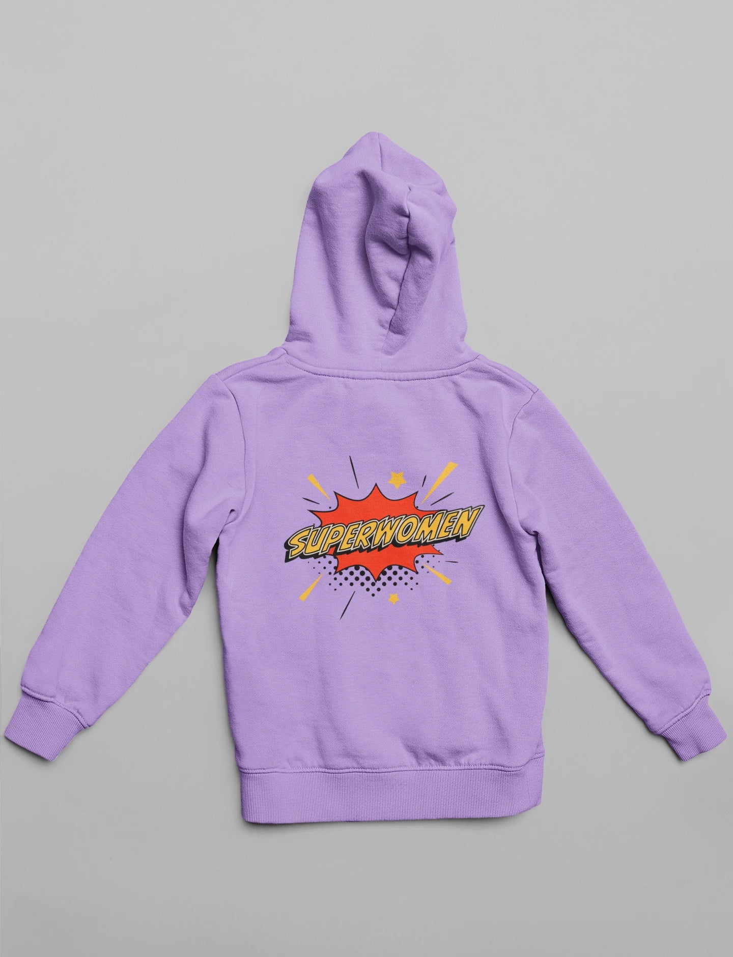 Back view of a lavender hoodie, one with the word "Superwoman".