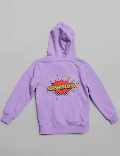 Back view of a lavender hoodie, one with the word "Superwoman".