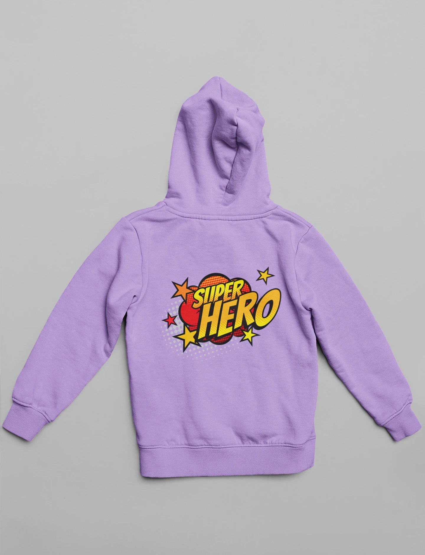 Back view of a lavender hoodie, one with the word "Superhero".
