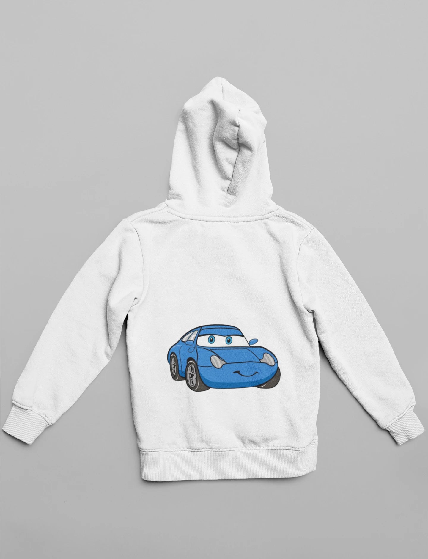 Back view of a cream hoodie with Sally Carrera from the Cars movie.