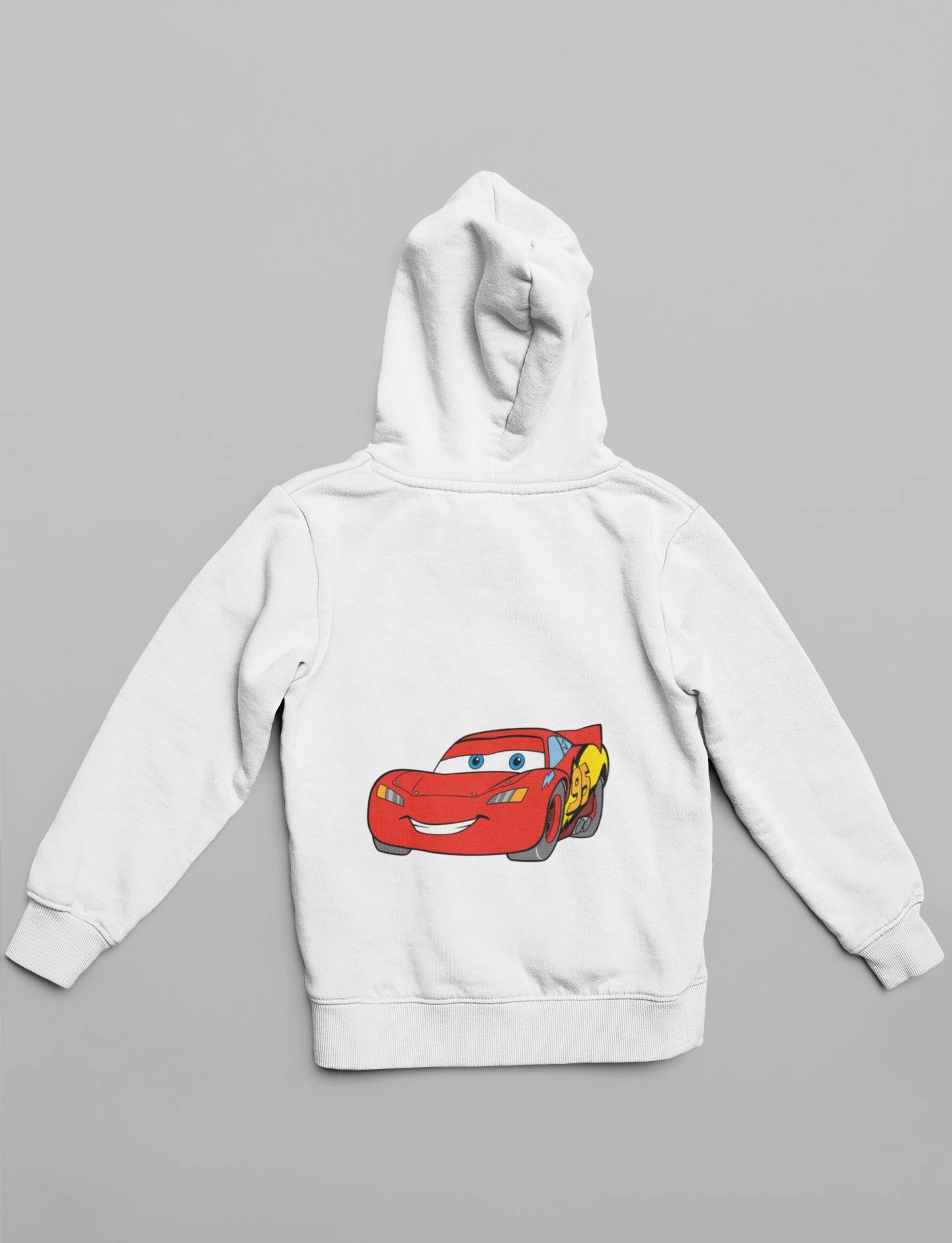 Back view of a cream hoodie with Lightning McQueen from the Cars movie.