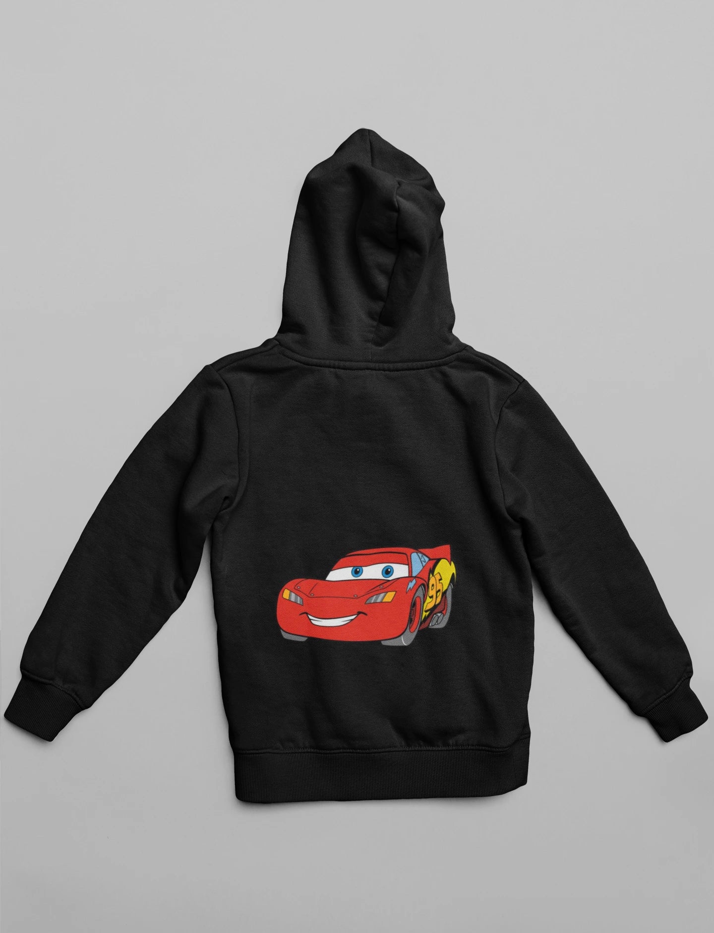 Back view of a black hoodie with Lightning McQueen from the Cars movie.