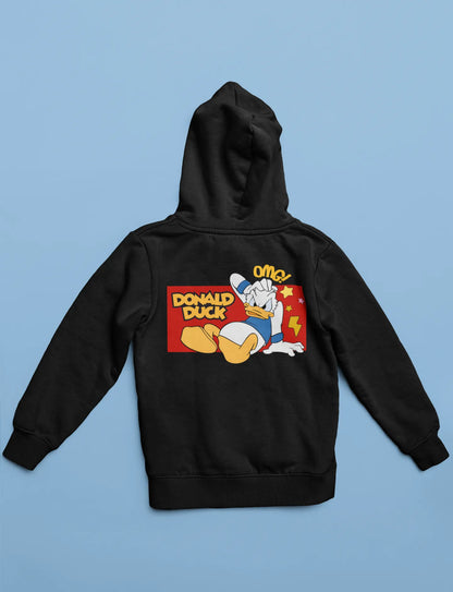 Back view of a black hoodie with a Disney Donald Duck design, showing him rubbing his head after a mishap.