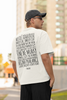 Back view of male model wearing a off-white oversized F.R.I.E.N.D.S. t-shirt featuring a fun design inspired by Phoebe Buffay and her iconic quotes.