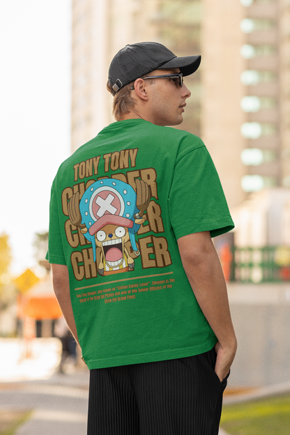 Back view a male model wearing a forest green oversized t-shirt featuring Tony Chopper from the One Piece anime.