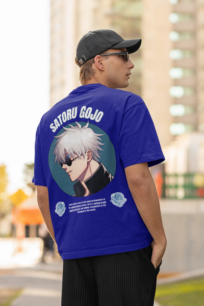 Back view of a male model wearing a royal blue oversized t-shirt featuring Gojo Satoru from Jujutsu Kaisen with the text "Satoru Gojo."
