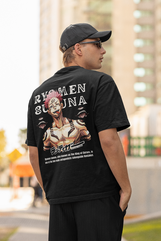 Back view of a male model wearing a black oversized t-shirt featuring Ryomen Sukuna with the text "I'm Sakuna."