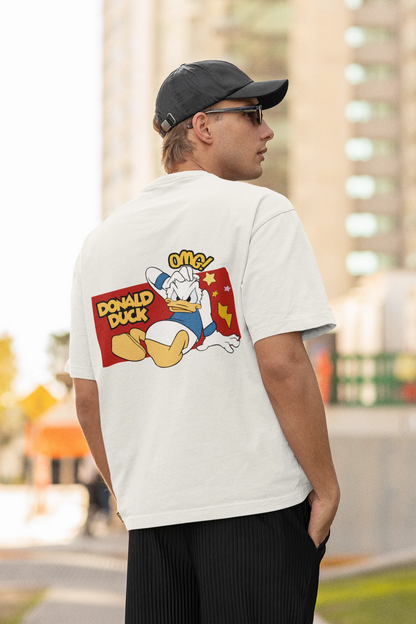 Back view of male model wearing off white oversized Disney collection t-shirt featuring a classic Donald Duck design.