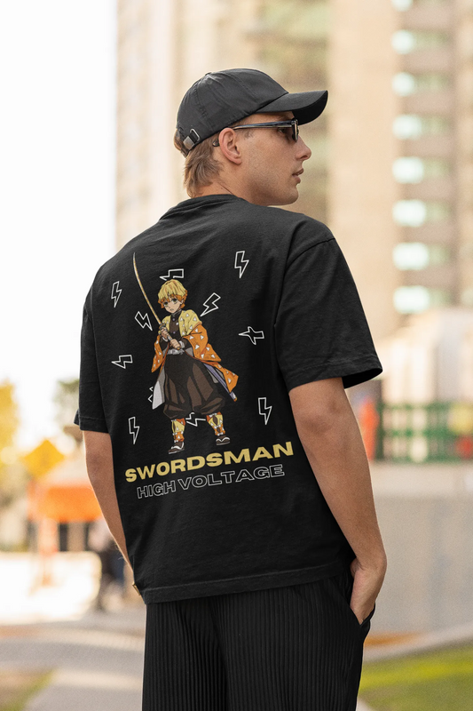 Back view of a male model wearing a black oversized t-shirt featuring Zenitsu Agatsuma with the text "High Voltage".