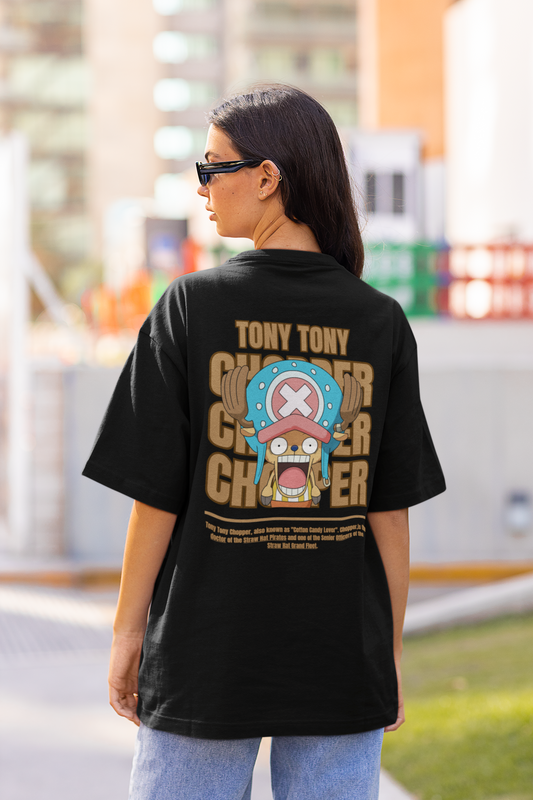 Back view a female model wearing a black oversized t-shirt featuring Tony Chopper from the One Piece anime.
