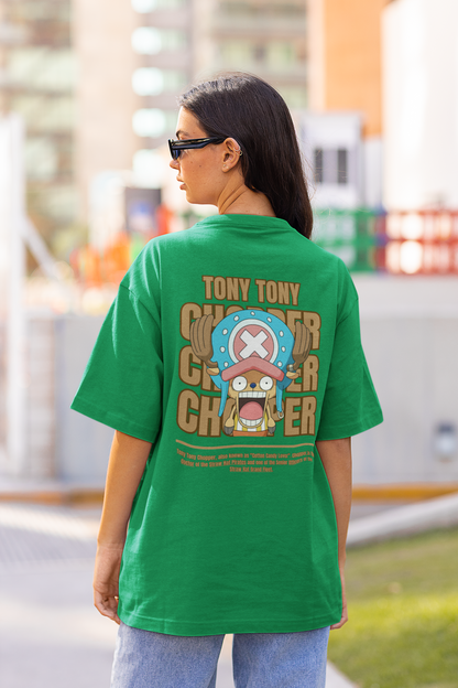 Back view a female model wearing a forest green oversized t-shirt featuring Tony Chopper from the One Piece anime.