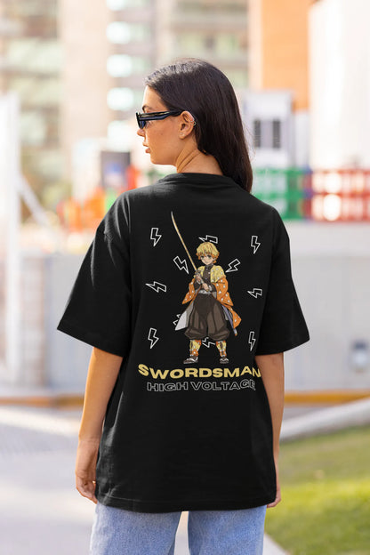 Back view of a female model wearing a black oversized t-shirt featuring Zenitsu Agatsuma with the text "High Voltage".