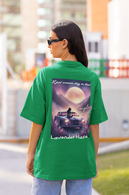 Back view of a woman wearing Forest green Oversize T-shirt featuring Lavender Haze design, Taylor's Version from Taylor Swift album Midnights