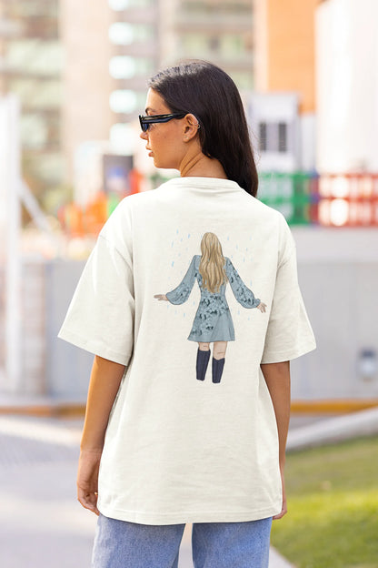 Back view of woman wearing white Oversized T-shirt featuring Taylor Swift Midnight design