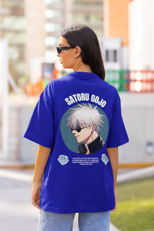 Back view of a female model wearing a royal blue oversized t-shirt featuring Gojo Satoru from Jujutsu Kaisen with the text "Satoru Gojo."