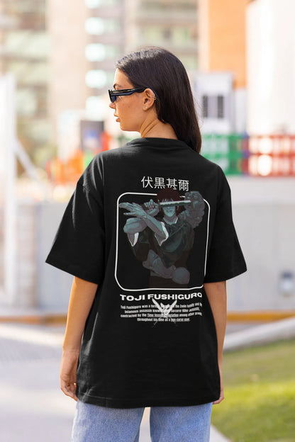 Back view of a female model wearing a black oversized t-shirt featuring Toji Fushiguro from the Jujutsu Kaisen anime.