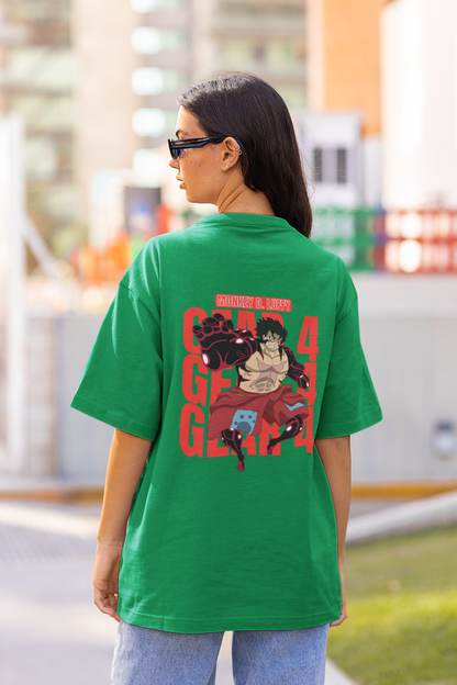 Back view of a female model wearing a forest green oversized t-shirt featuring Luffy in his Gear 4 Bounceman form from the One Piece anime.