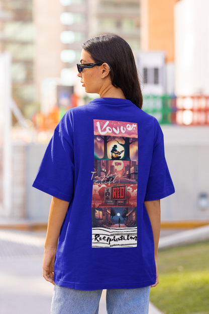Back view of female model showcasing blue oversized Taylor Swift t-shirts inspired by her "Lover" album (Taylor's Version).