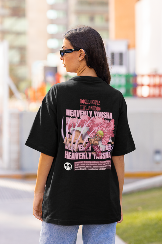Back view of a female model wearing a black oversized t-shirt featuring Donquixote Doflamingo from the One Piece anime.